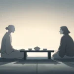 Illustration of two abstract figures in a calm, minimalist Korean-style room, symbolizing a supporti...