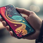 Hand holding a smartphone displaying an abstract app interface graphic, with a modern Korean buildin...