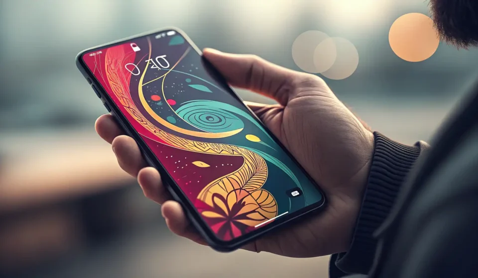 Hand holding a smartphone displaying an abstract app interface graphic, with a modern Korean buildin...