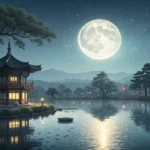 A tranquil Korean landscape at night featuring a full moon reflecting perfectly on calm water next t...