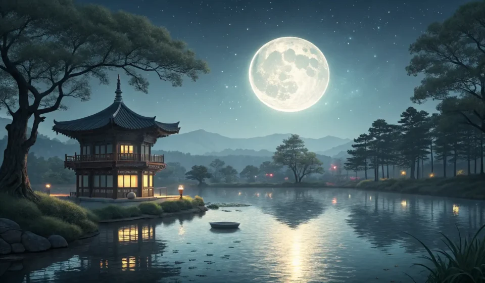 A tranquil Korean landscape at night featuring a full moon reflecting perfectly on calm water next t...