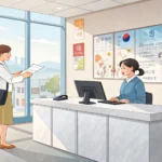 Illustration showing a student receiving a registration form at the front desk of a modern Korean En...