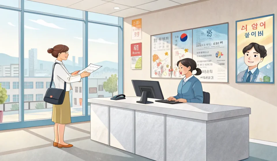 Illustration showing a student receiving a registration form at the front desk of a modern Korean En...