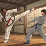 Two people practicing dynamic Taekwondo kicks in a traditional Korean dojang, symbolizing registerin...