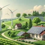 Illustration of wind turbines and solar panels in a green Korean landscape, representing the concept...