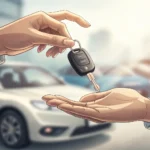 Illustration of hands exchanging car keys, symbolizing renting a car, with a blurred Korean landscap...