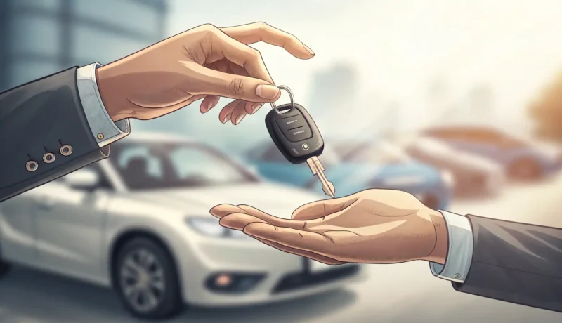 Illustration of hands exchanging car keys, symbolizing renting a car, with a blurred Korean landscap...
