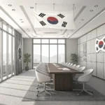 Illustration of a modern Korean office conference room with one ceiling light out, symbolizing repor...
