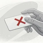 Illustration of a hand holding a card marked with a red X, symbolizing cancellation, with a Korean g...