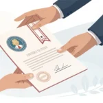 Illustration showing hands exchanging an official document over a counter, symbolizing requesting a...