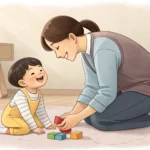 Illustration of a Korean caregiver playing with a child, symbolizing requesting childcare services i...
