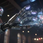 A close-up image depicting a metallic robot hand reaching towards a glitching, fragmented holographi...