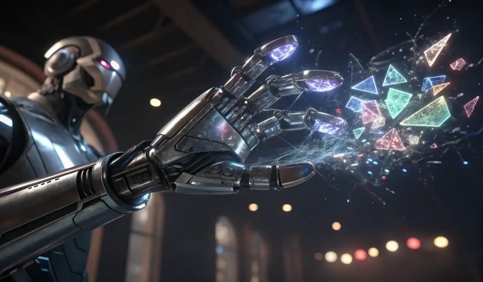 A close-up image depicting a metallic robot hand reaching towards a glitching, fragmented holographi...