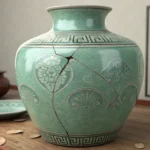 A cracked traditional Korean celadon vase symbolizing the sensitive topic of domestic violence discu...