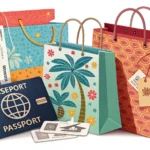Illustration symbolizing duty-free shopping in Korea, showing shopping bags alongside a passport and...