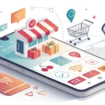 Illustration of a smartphone showing abstract e-commerce icons against a backdrop of the Seoul skyli...