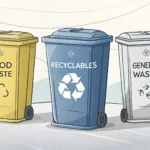 Illustration showing distinct Korean waste separation bins lined up: yellow for food waste, blue for...