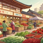 A bright and colorful outdoor Korean market stall filled with various fresh vegetables and fruits, r...