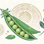 Stylized green pea pod graphic with a modern Korean pattern, representing learning how to say 'pea p...