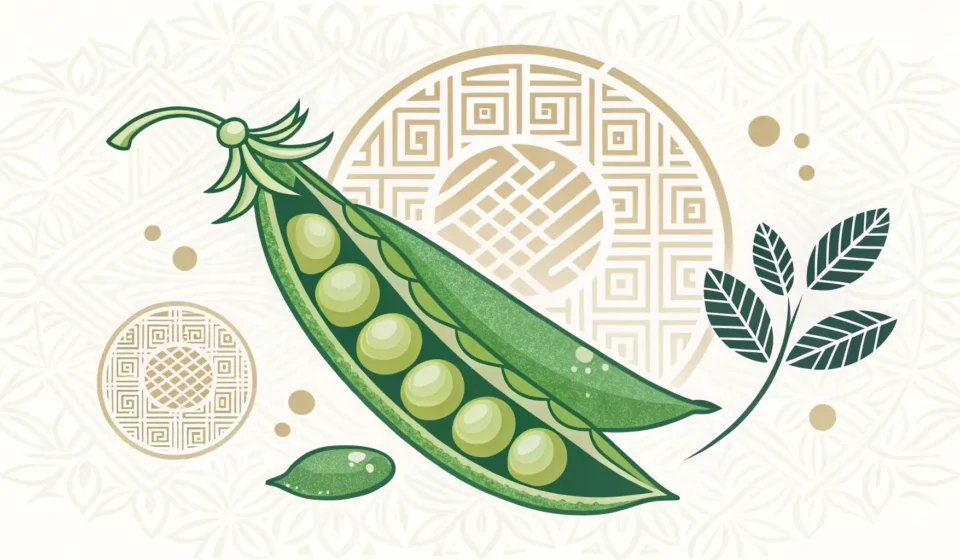Stylized green pea pod graphic with a modern Korean pattern, representing learning how to say 'pea p...