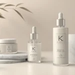 Minimalist flat lay of Korean skincare product bottles, representing K-beauty and learning about ret...