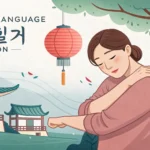Illustration of a person holding their elbow near a modern Korean clinic entrance, symbolizing the n...