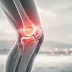 Minimalist illustration of a glowing red knee joint against a soft background with subtle Korean pat...