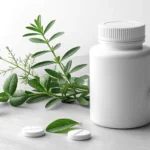 A white supplement bottle next to a green ginseng root, symbolizing health supplements in a Korean c...