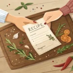 Hands exchanging a recipe card over a table filled with various Korean dishes, symbolizing sharing f...