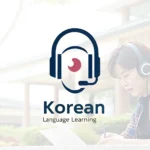 Graphic illustration of a headset icon combined with a traditional Korean pattern element, symbolizi...