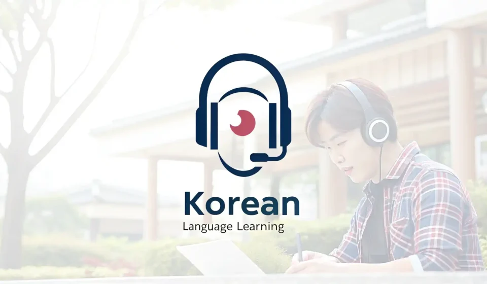 Graphic illustration of a headset icon combined with a traditional Korean pattern element, symbolizi...