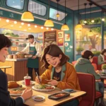 A friendly Korean waiter in a busy cafe setting politely gestures towards an appetizing sandwich, il...