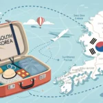 Illustration symbolizing planning a vacation to Korea, showing an open suitcase beside a map of Sout...