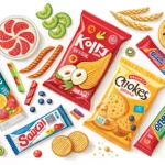 A colorful, eye-catching flat lay arrangement of various popular Korean snacks.