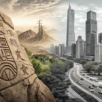 Abstract artwork symbolizing translating fantasy concepts into Korean, showing ancient Korean rock a...