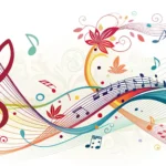 Stylized musical notes and sound waves in Korean flag colors, representing the concept of understand...