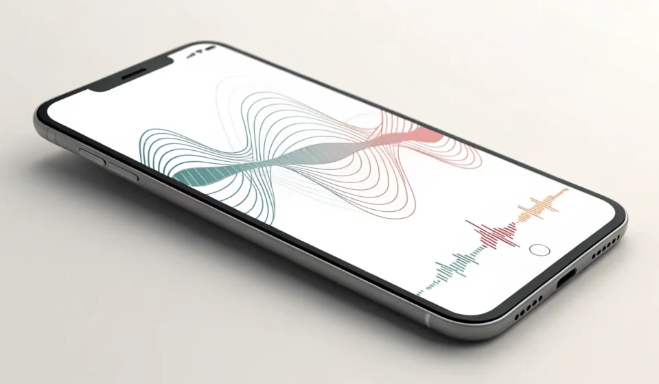 Illustration of a smartphone screen showing a sound wave icon, representing voice recognition in Kor...