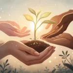Illustration of diverse hands supporting a glowing seedling, symbolizing growth and support from a w...