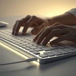 Illustration showing hands typing on a keyboard, representing writing Korean emails, with subtle Kor...